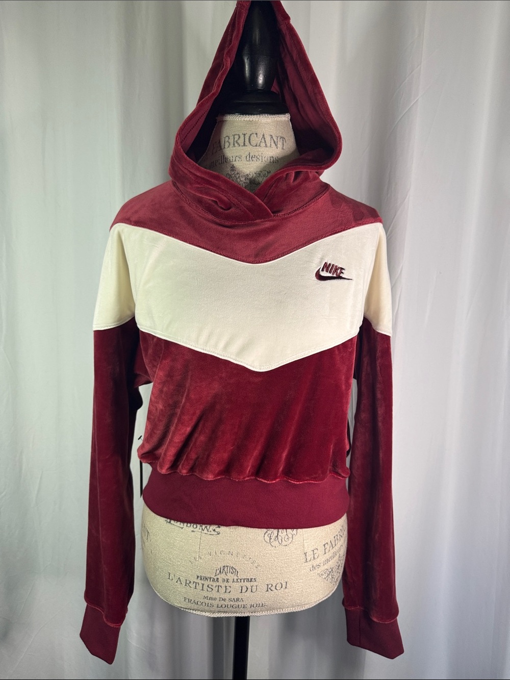Nike Burgundy and Cream Velour Hoodie with Embroidered Swoosh